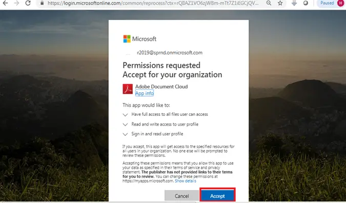 Accept in Permissions requested Accept for your organization