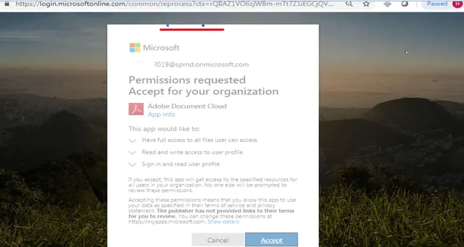 Progress bar in the Permissions requested Accept for your organization