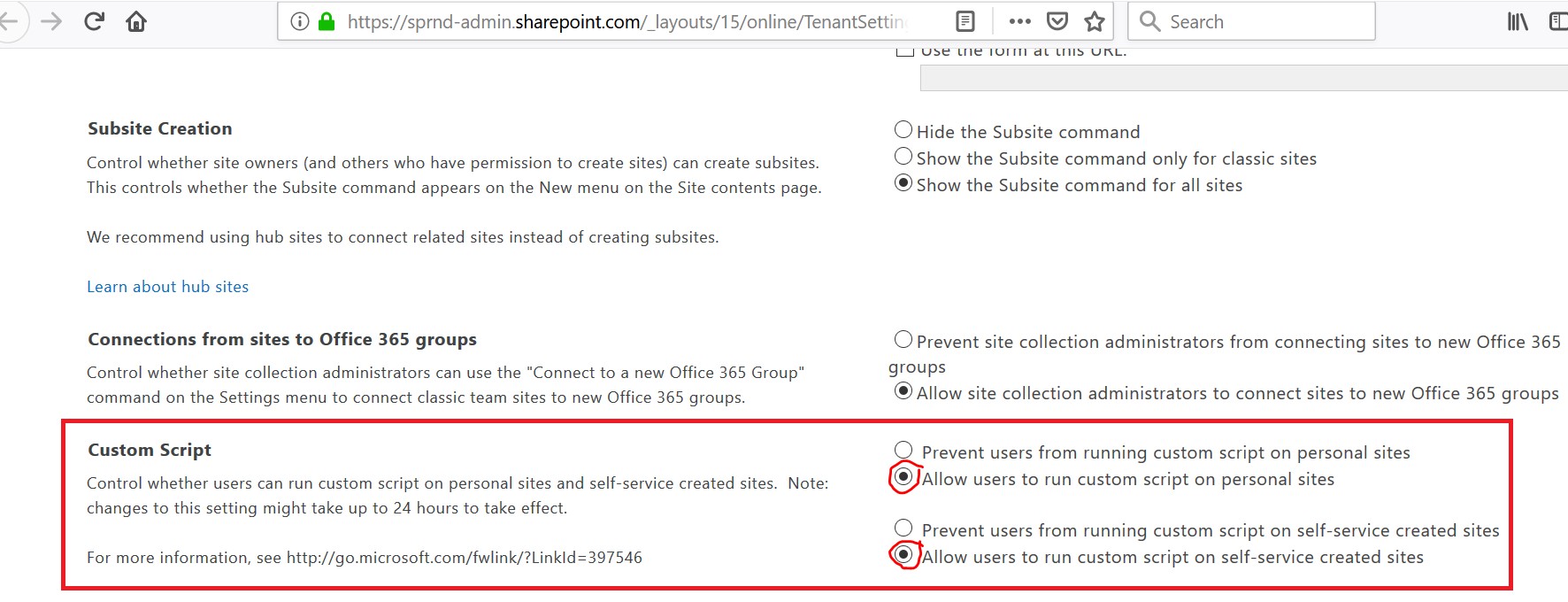 Allow users from running custom script on personal sites in SharePoint Online