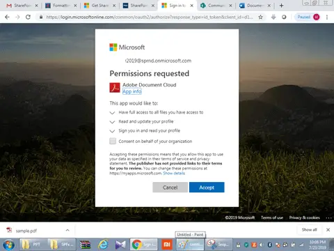 Edit PDF File in SharePoint Online, Permission Requested in Adobe Document Cloud