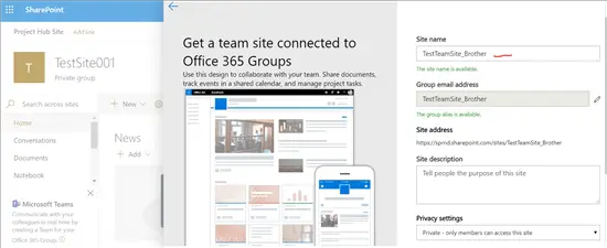 Get a team site connected to Office 365 Groups