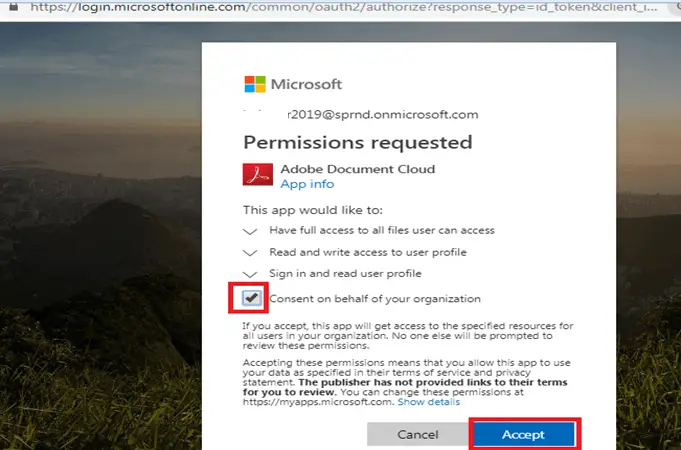 Edit PDF File in SharePoint Online, Consent on behalf of your organization - Permission Requested in Adobe Document Cloud