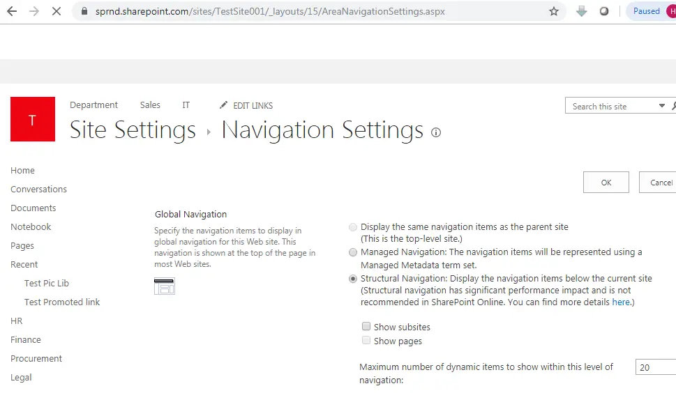 Navigation settings in SharePoint online URL, sharepoint urls & locations