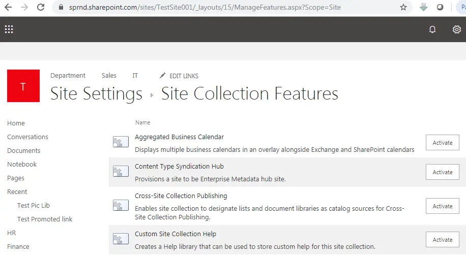 Site collection features in SharePoint URL, sharepoint urls & locations
