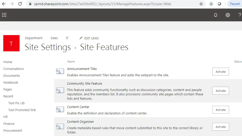Site features in SharePoint online URL, sharepoint urls & locations