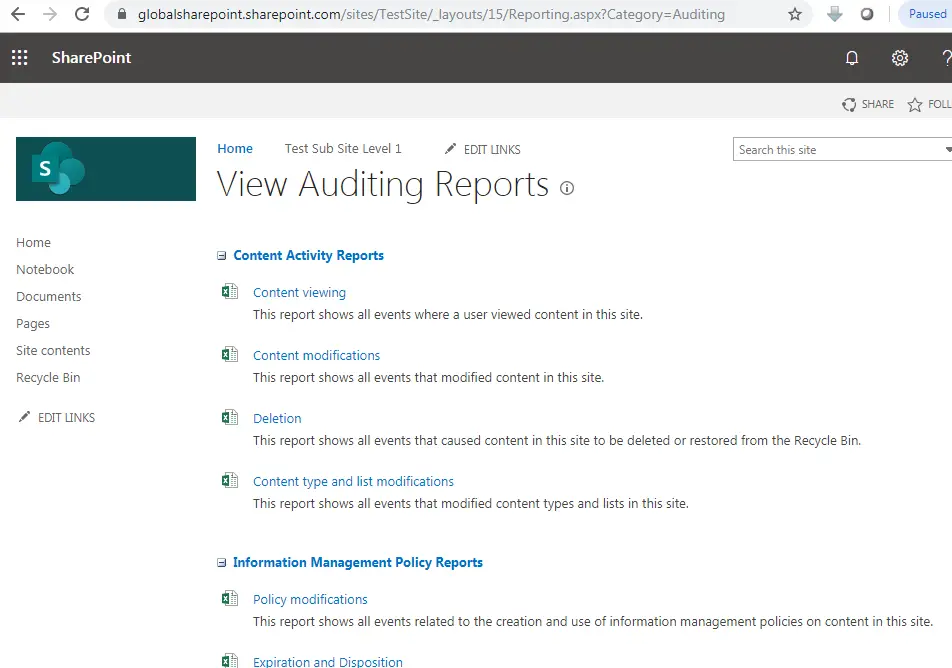 SharePoint online audit log reports URL, SharePoint URLs & locations