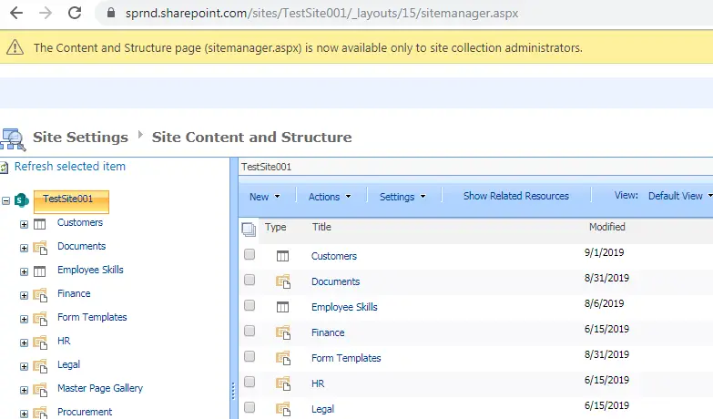 sharepoint urls & locations, Site content and structure in SharePoint Online