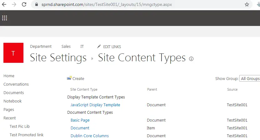 sharepoint urls & locations, site content type SharePoint online URL