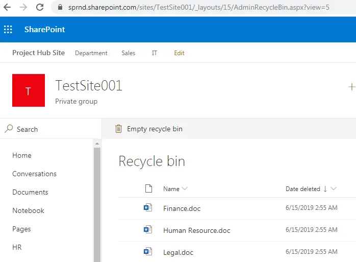 SharePoint urls & locations, site collection level recycle bin URL in SharePoint Online