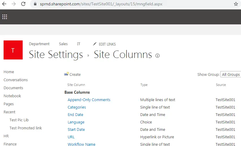 sharepoint urls & locations, manage site columns URL in SharePoint