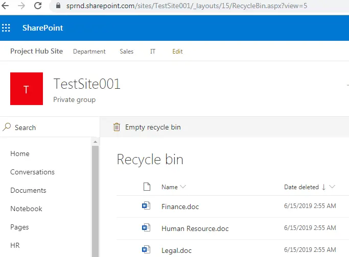 sharepoint urls & locations, site level recycle bin URL in SharePoint online