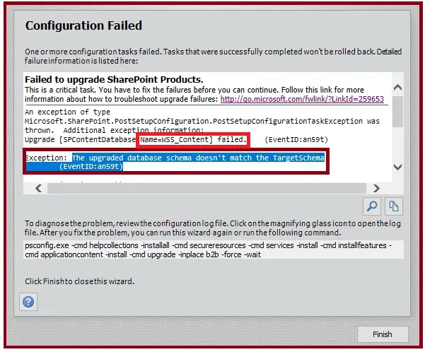 Failed to upgrade SharePoint products - The upgraded database schema doesn't match the TargetSchema