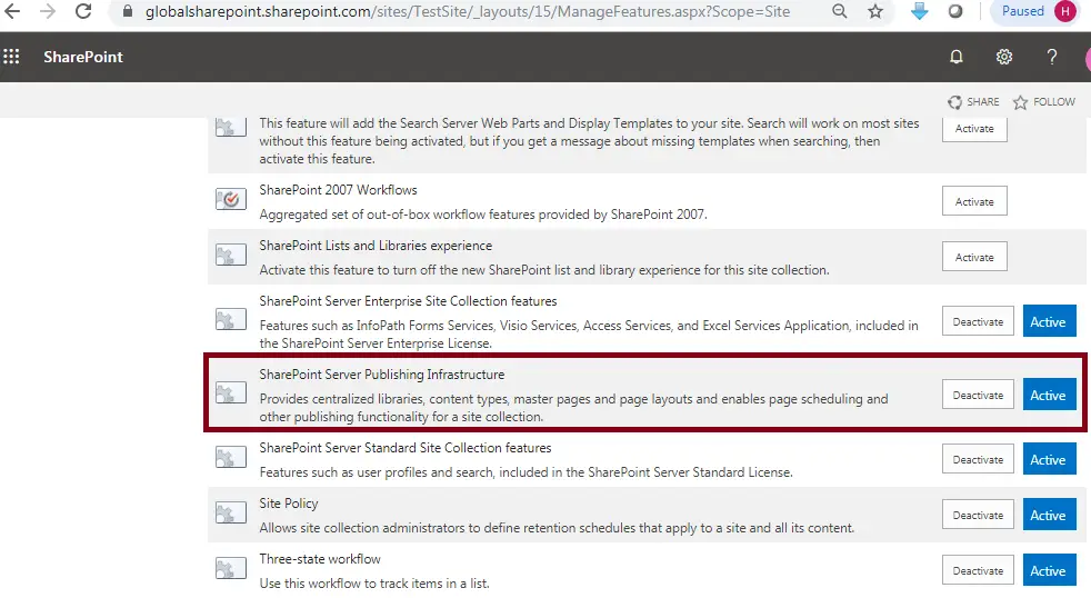 SharePoint Server Publishing Infrastructure - Site template is missing from a SharePoint subsite