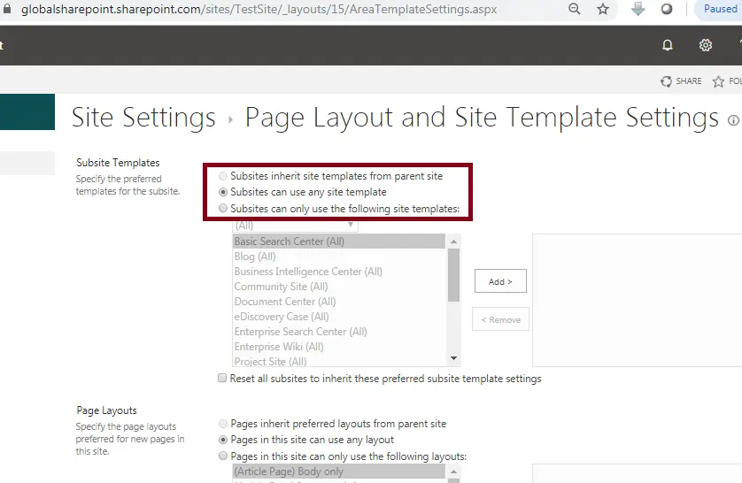 Site Creation Template selection - Site template is missing from a SharePoint subsite