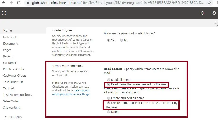 Create items and edit items that were created by the user - set Item Level Permissions in SharePoint list