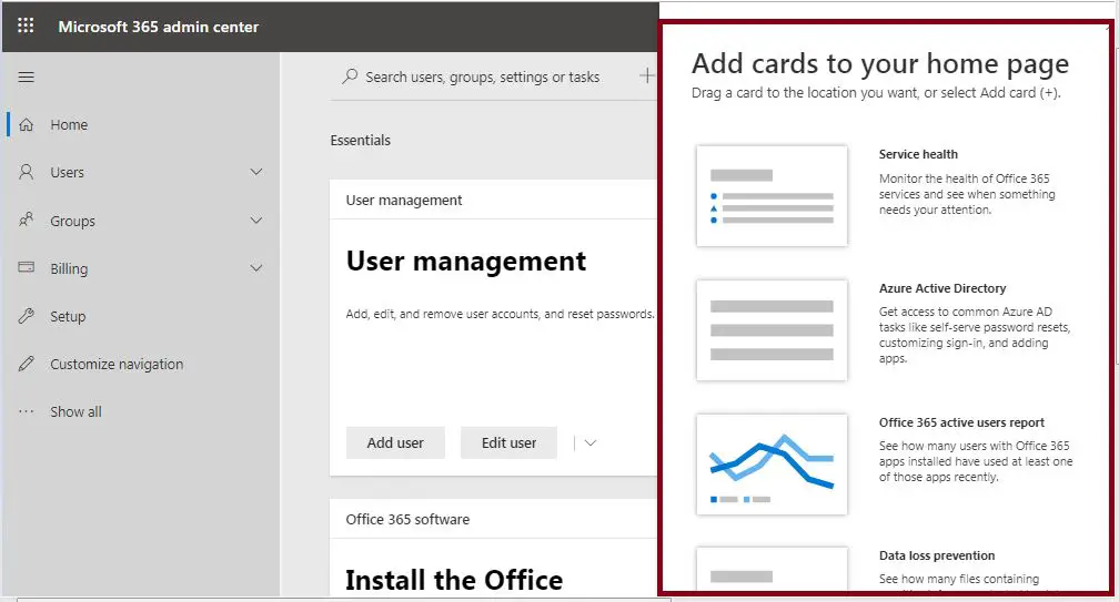 Microsoft 365 or Office 365 admin center - add cards to your home page