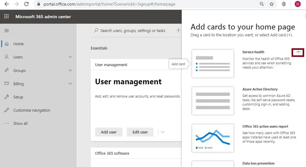Add cards to your home page - Microsoft 365 or Office 365 admin center5