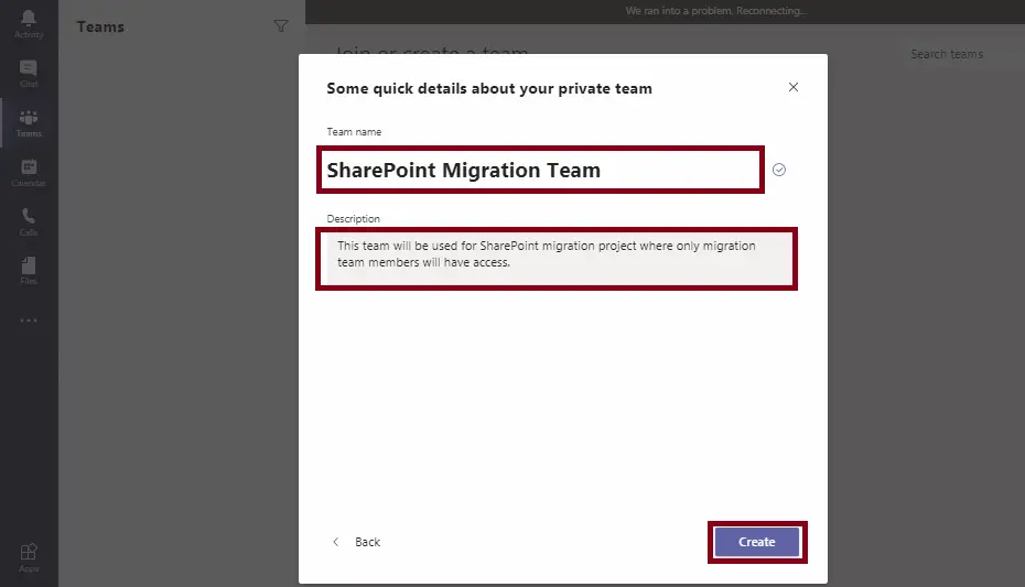 Quick details about your private team - Microsoft Teams SharePoint Integration
