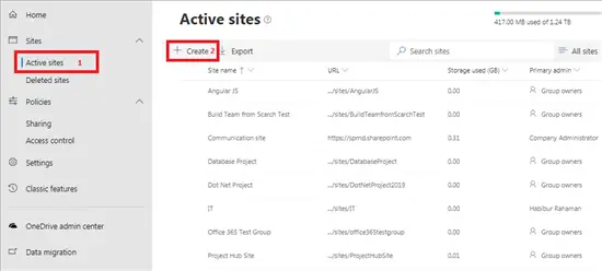 SharePoint admin center - create sites from active sites report