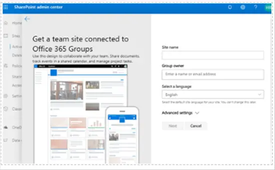 SharePoint admin center - create modern team site connected to office 365 groups