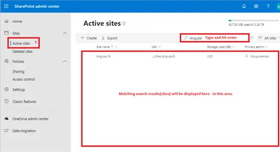Search active sites from active sites dashboard in SharePoint admin center - Office 365 - Microsoft 365 admin center