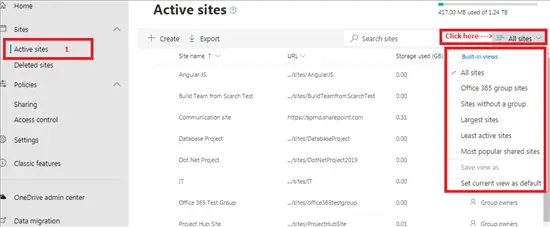 Views in Active Sites - SharePoint admin center - Office 365 - Microsoft 365 admin center