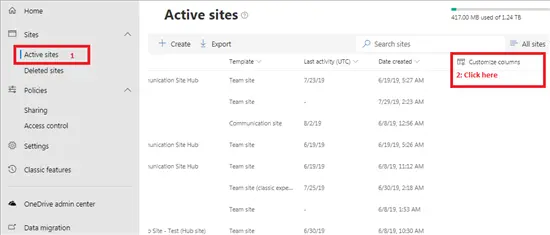 Customizing the view columns in active sites - SharePoint admin center - Office 365 - Microsoft 365 admin center