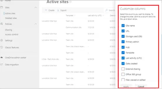 Customize columns in active sites view - SharePoint admin center - Office 365 - Microsoft 365 admin center