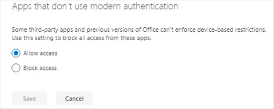Apps that don't use modern authentication in SharePoint admin center - Office 365 - Microsoft 365 admin center
