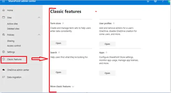 Classic features in SharePoint admin center - Office 365 - Microsoft 365 admin center