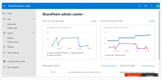 SharePoint Admin Center home page