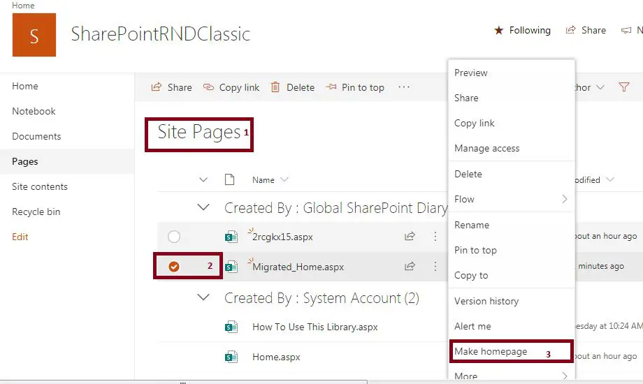 Set as make home page: Convert classic sharepoint site page to modern page