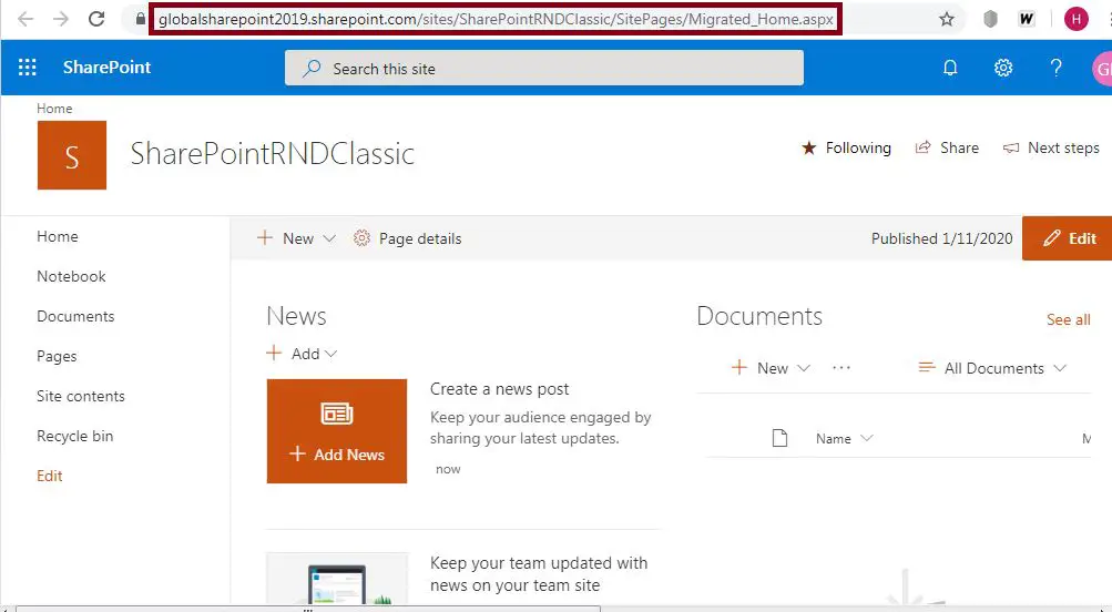 Migrated_home.aspx page: Convert classic SharePoint site page to modern page