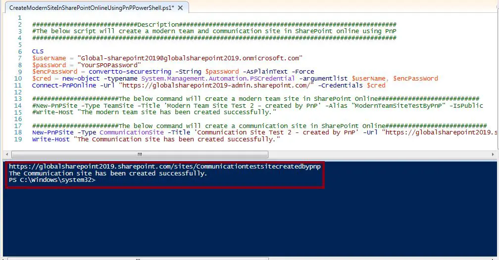 How to create modern team site in SharePoint online, script execution test: Create a communication site in SharePoint Online using Pnp PowerShell