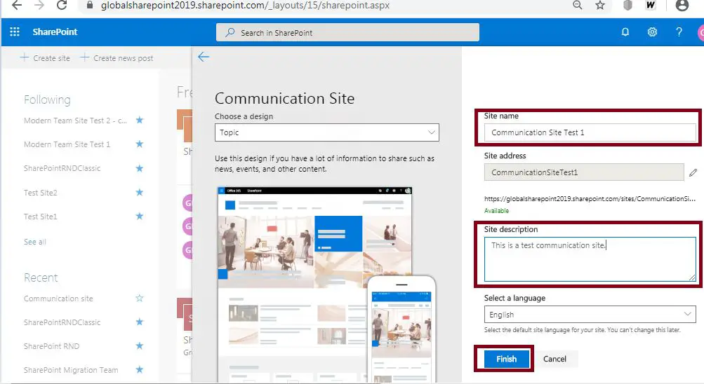 How to create modern team site in SharePoint Online, site name and description: Create a communication site in SharePoint Online