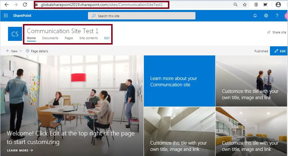 Team site Vs Communication site - how to create modern team site in SharePoint Online, communication site home page look and feel: Create a communication site in SharePoint Online