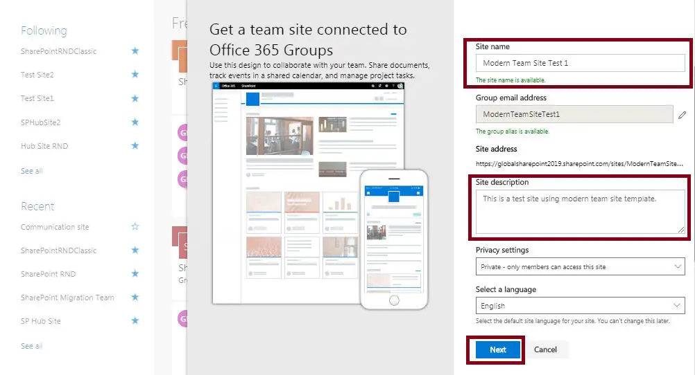 Team site or Communication site in SPO, Site Name: Create modern team site in SharePoint Online