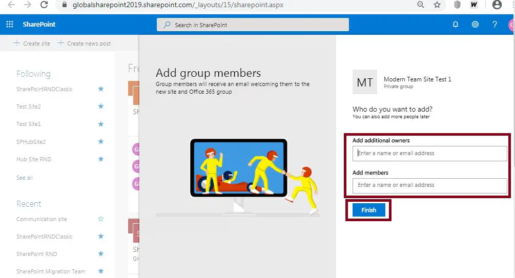 Team site or Communication site in SPO, Site Group owners: Create modern team site in SharePoint Online