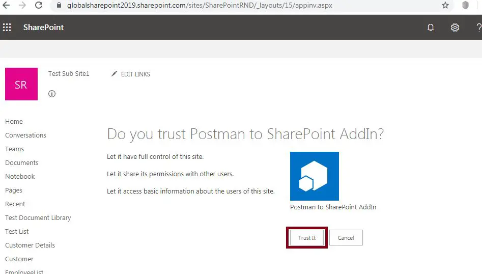 Do you trust postman to SharePoint Addin? : Grant Permissions to Add-In - SharePoint online - Postman tool SharePoint online REST API