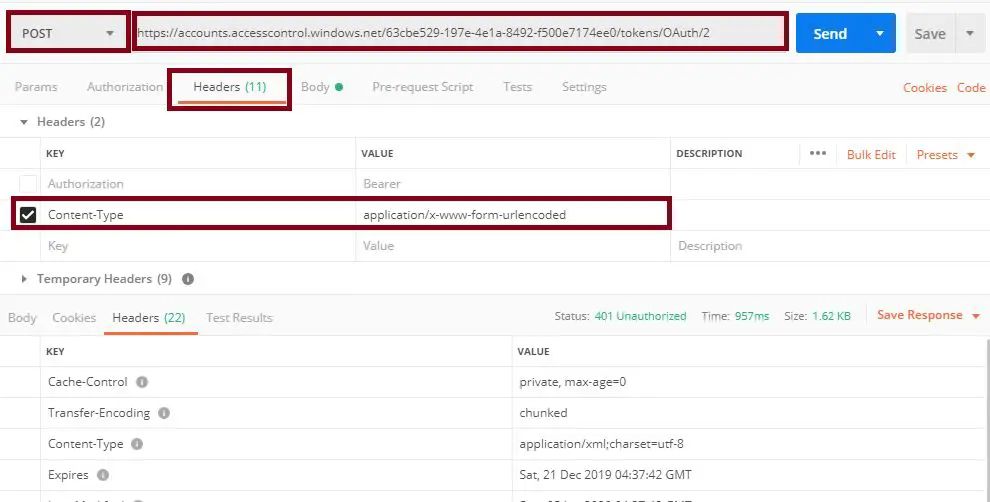 POST operation status 401 unauthorized: Postman tool SharePoint online REST API