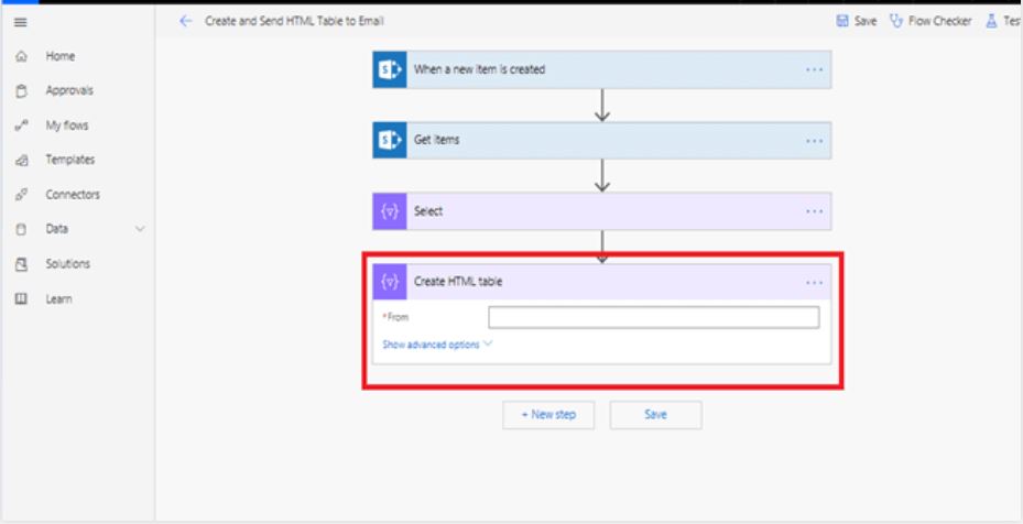 Create HTML table action in Microsoft flow power automate