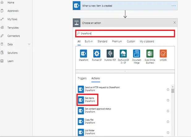 When a new item is added in SharePoint, complete a custom action - Choose an action Search SharePoint