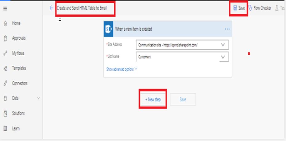 When a new item is added in SharePoint, complete a custom action continues – Site Address, List Name, +Next Step
