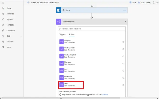 When a new item is created - Get Items in Microsoft Flow, Data Operations, Select Data Operations