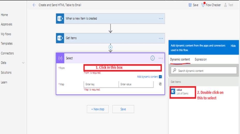 When a new item is created – Get Items in Microsoft Flow, Data Operations, Select Data Operations, Select