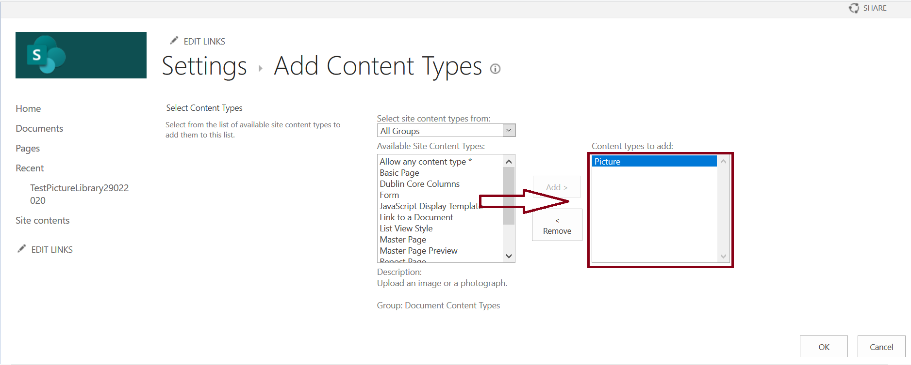 Add Content Types - Picture in Document Library