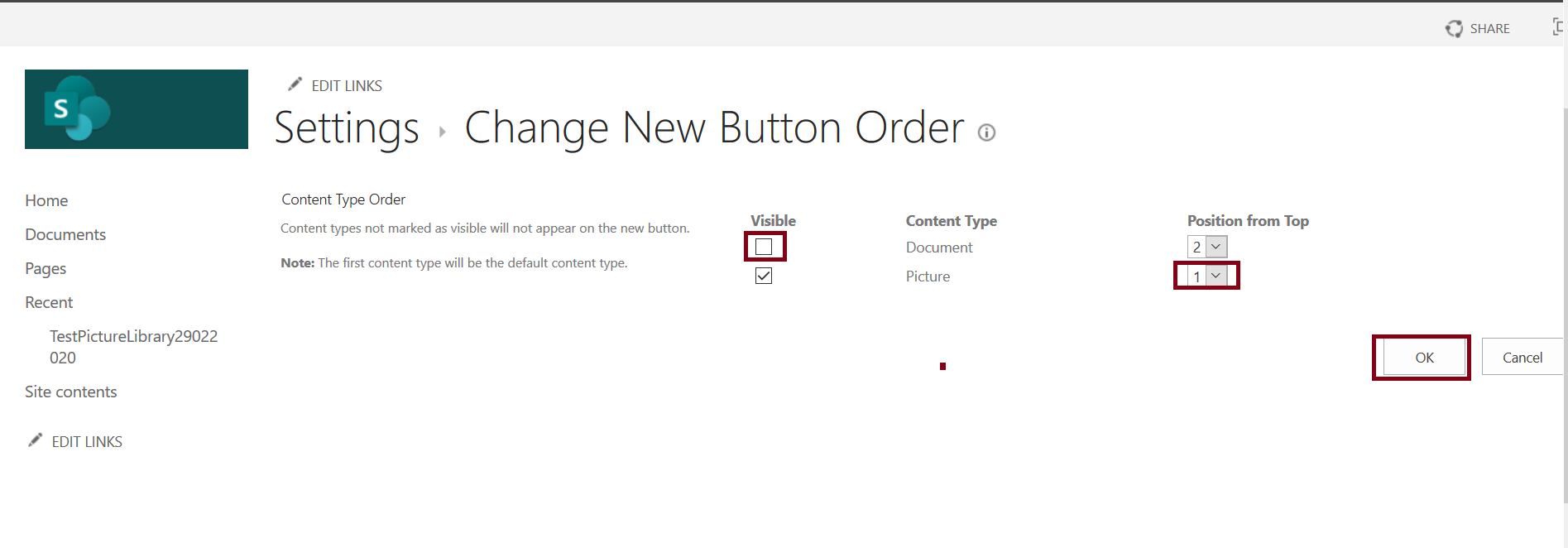 Change New Button Order in Document Library Content Type, add picture library to communication site