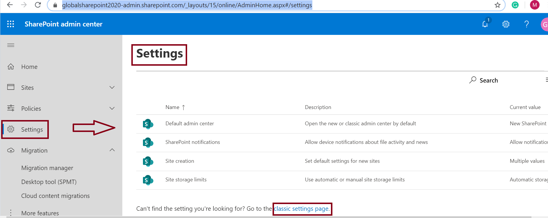 Classic settings page in SharePoint admin center