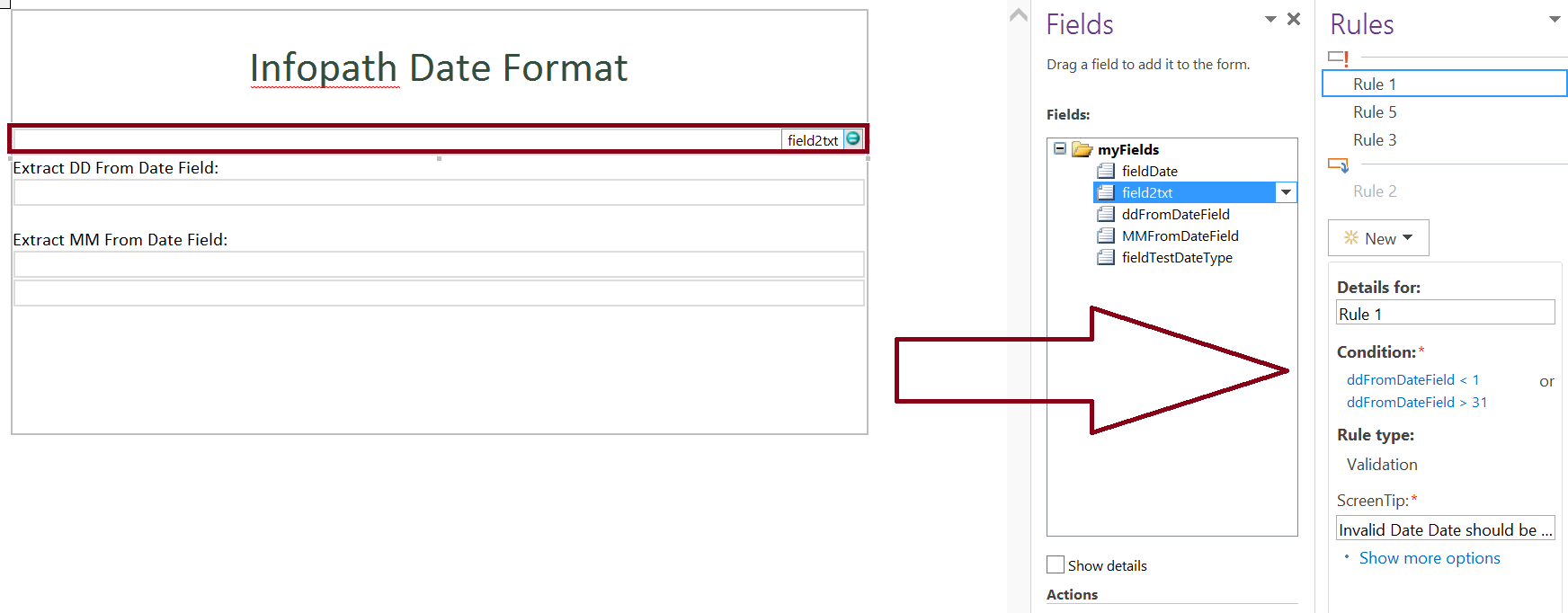 Date format validation in infopath form - day part