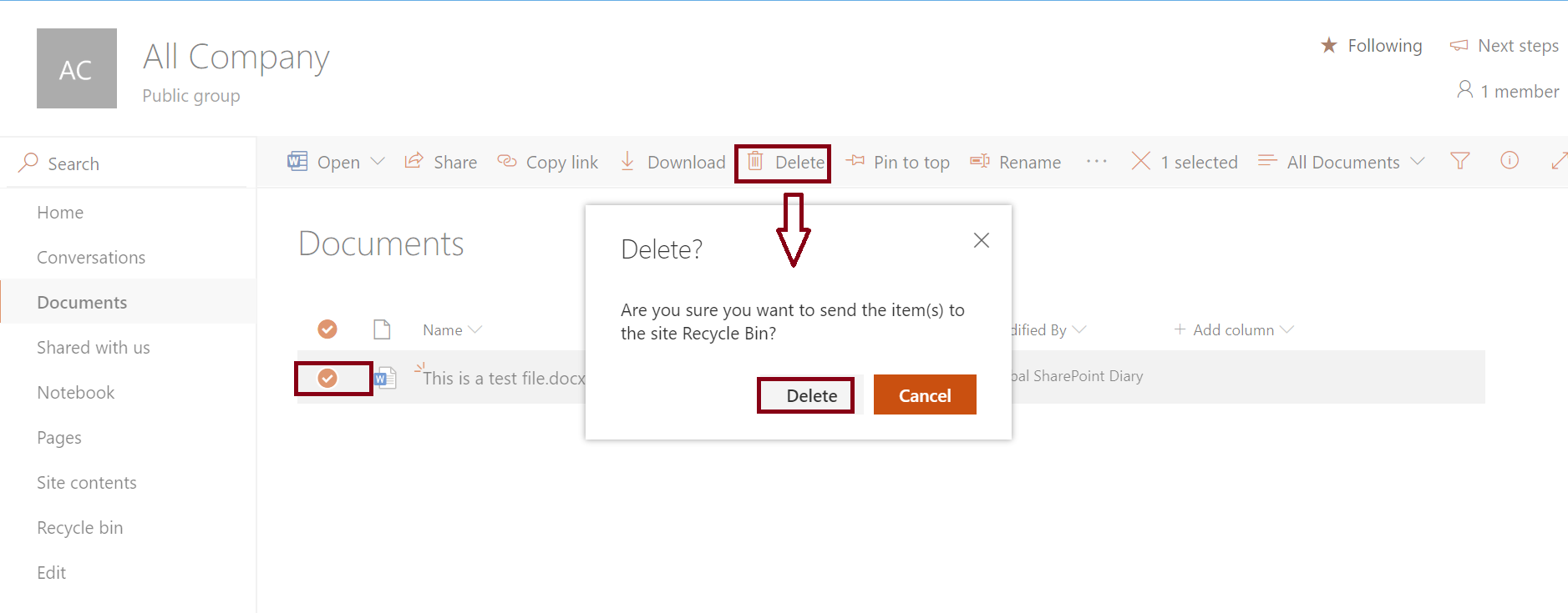 Delete a document from SharePoint Online Document library
